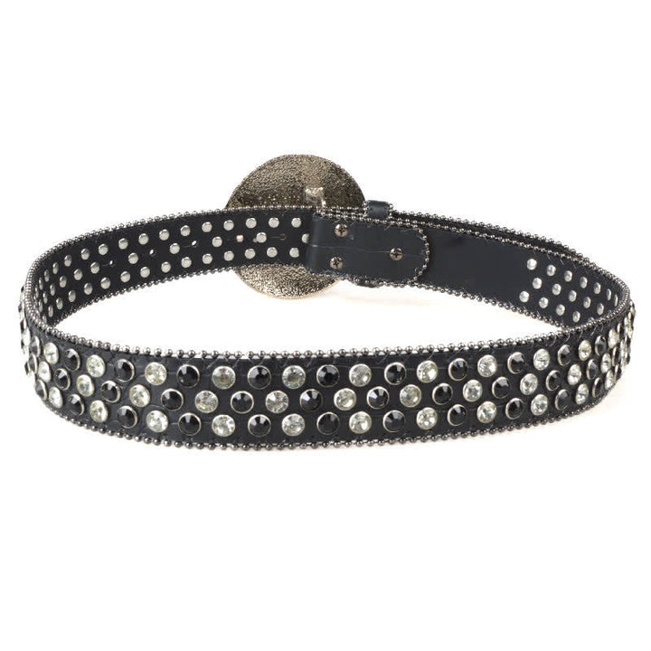 Cintura unisex in pelle con fibbia rotonda grande e strass