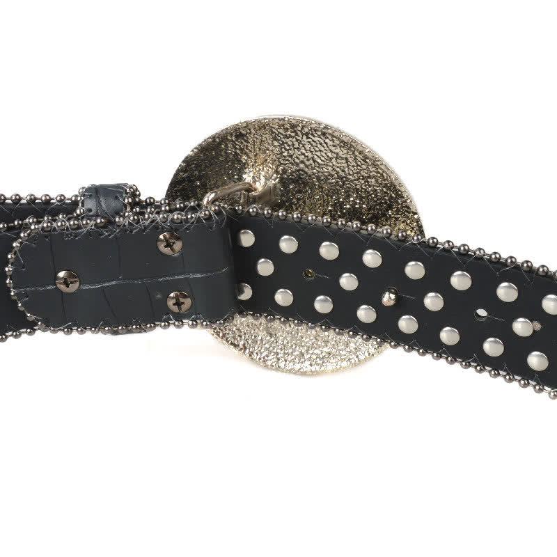 Cintura unisex in pelle con fibbia rotonda grande e strass