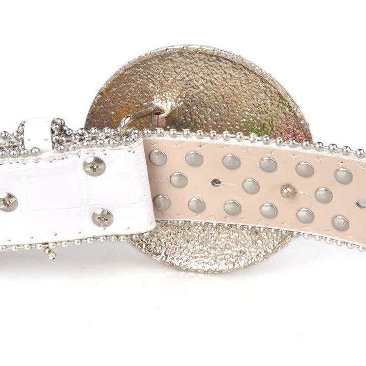Cintura unisex in pelle con fibbia rotonda grande e strass