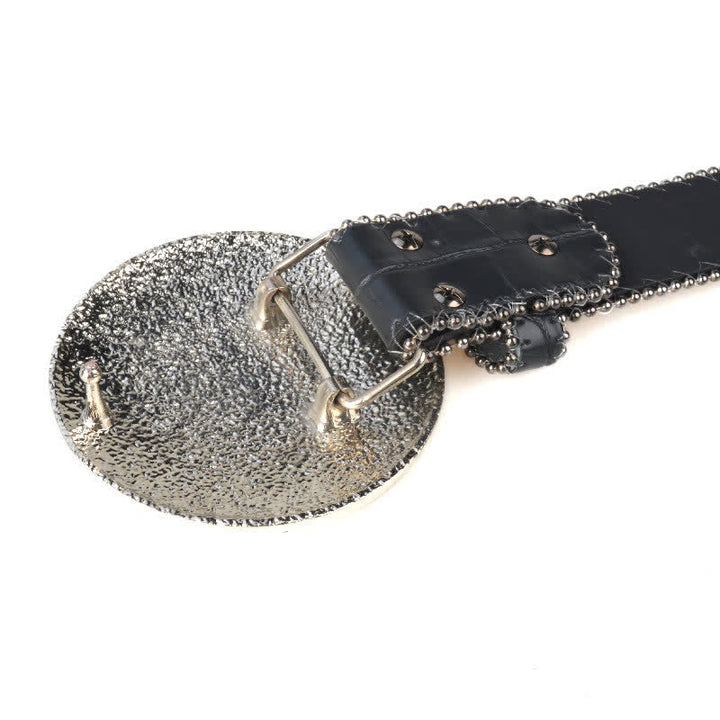 Cintura unisex in pelle con fibbia rotonda grande e strass