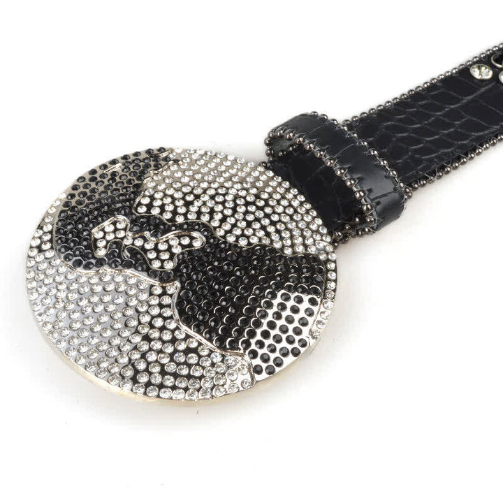 Cintura unisex in pelle con fibbia rotonda grande e strass