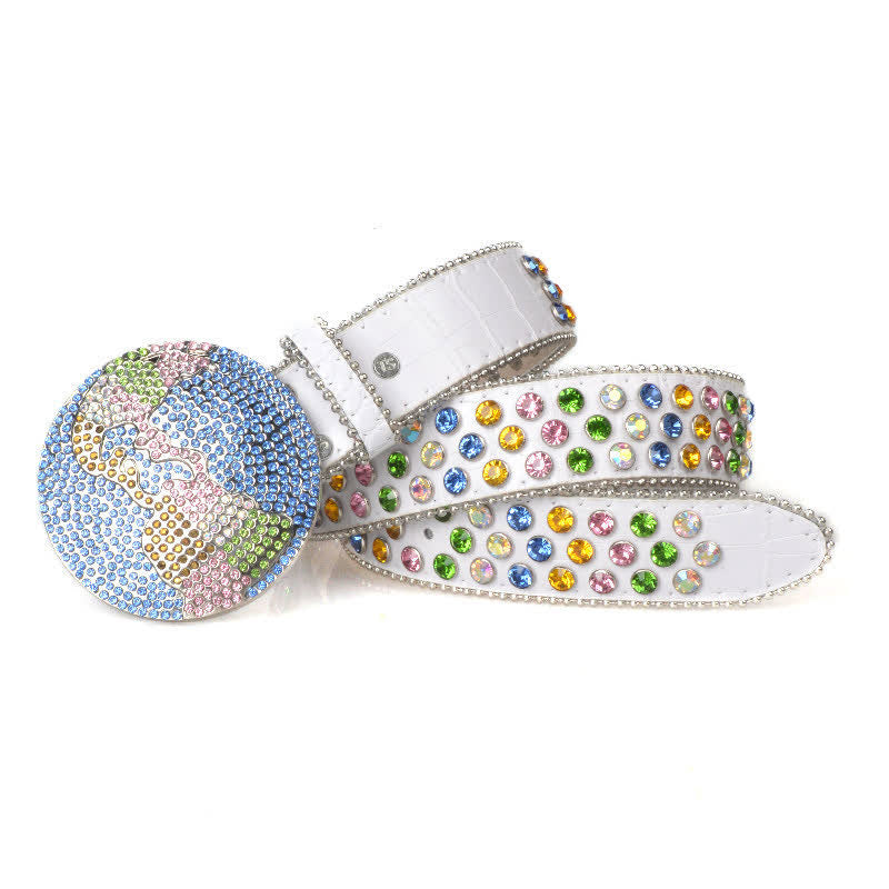 Cintura unisex in pelle con fibbia rotonda grande e strass