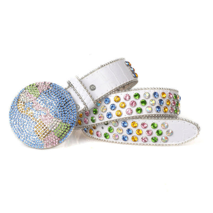Cintura unisex in pelle con fibbia rotonda grande e strass