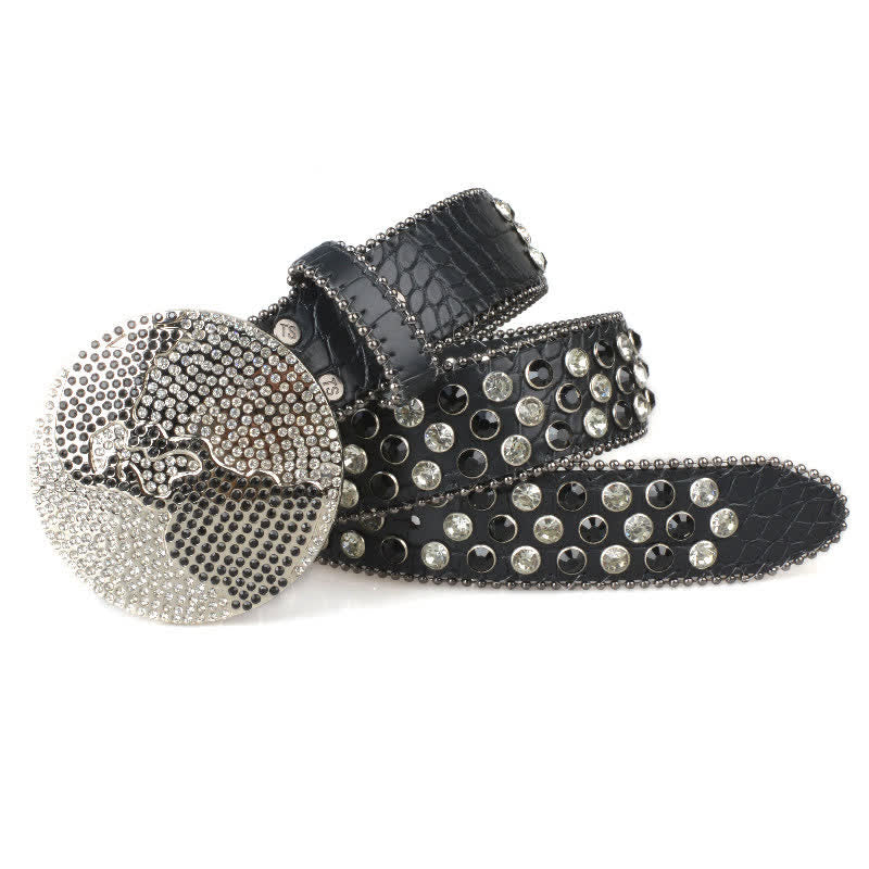 Cintura unisex in pelle con fibbia rotonda grande e strass