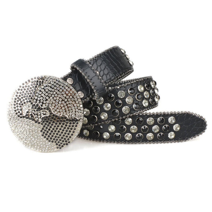 Cintura unisex in pelle con fibbia rotonda grande e strass