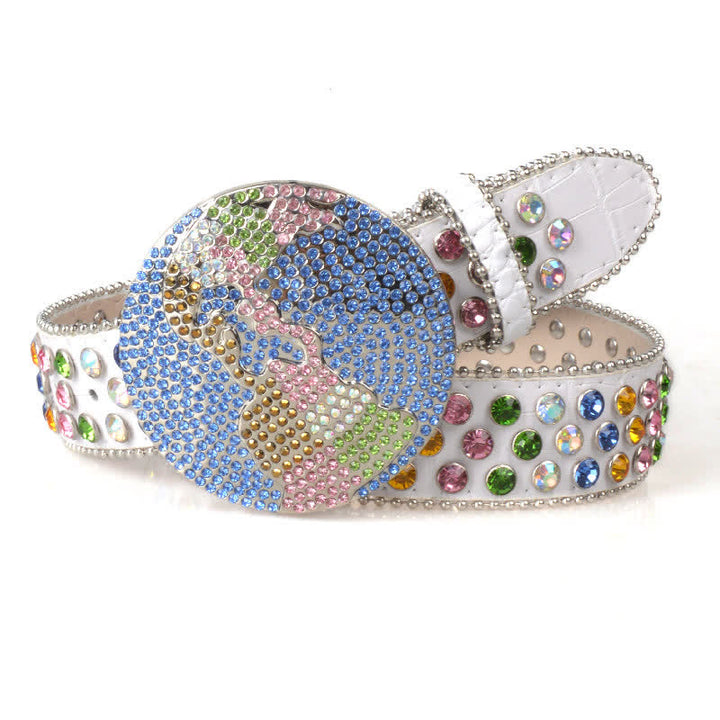 Cintura unisex in pelle con fibbia rotonda grande e strass