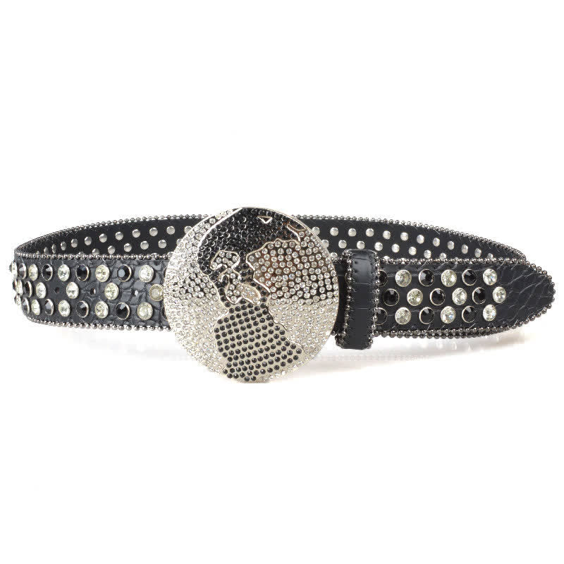Cintura unisex in pelle con fibbia rotonda grande e strass