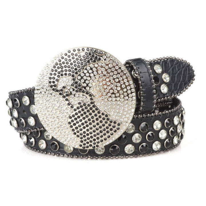Cintura unisex in pelle con fibbia rotonda grande e strass