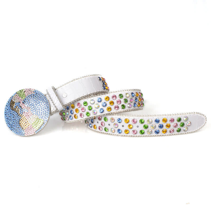 Cintura unisex in pelle con fibbia rotonda grande e strass