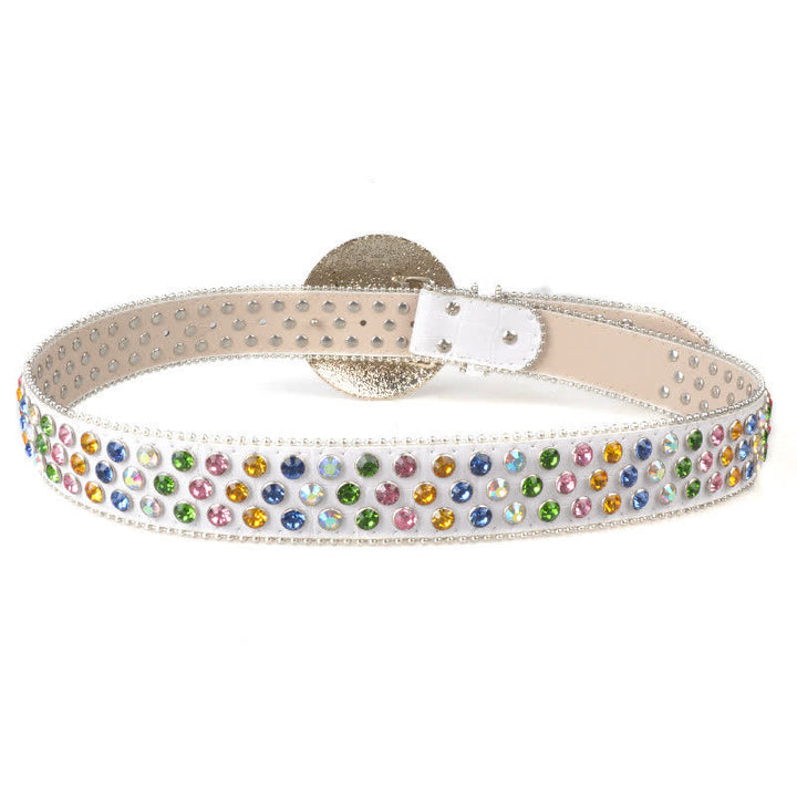Cintura unisex in pelle con fibbia rotonda grande e strass