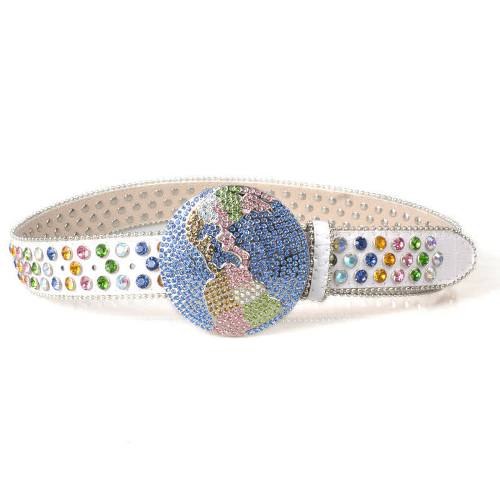 Cintura unisex in pelle con fibbia rotonda grande e strass