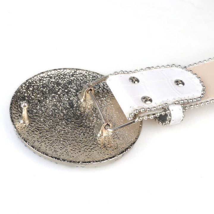 Cintura unisex in pelle con fibbia rotonda grande e strass