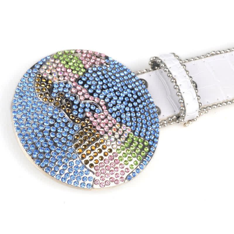 Cintura unisex in pelle con fibbia rotonda grande e strass