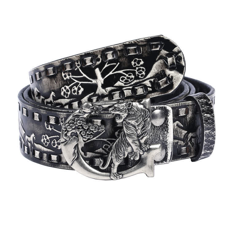Cintura unisex in pelle con fibbia incisa con tigri retrò
