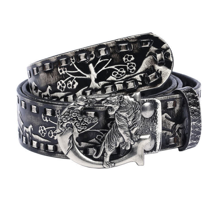 Cintura unisex in pelle con fibbia incisa con tigri retrò