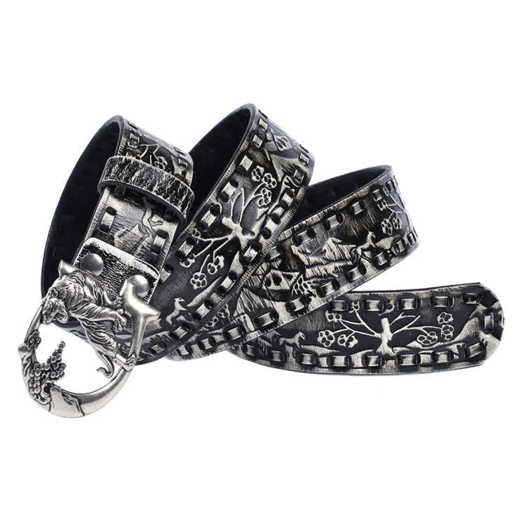Cintura unisex in pelle con fibbia incisa con tigri retrò