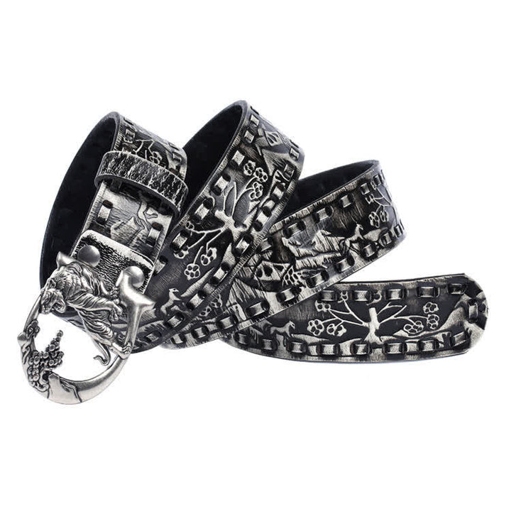 Cintura unisex in pelle con fibbia incisa con tigri retrò