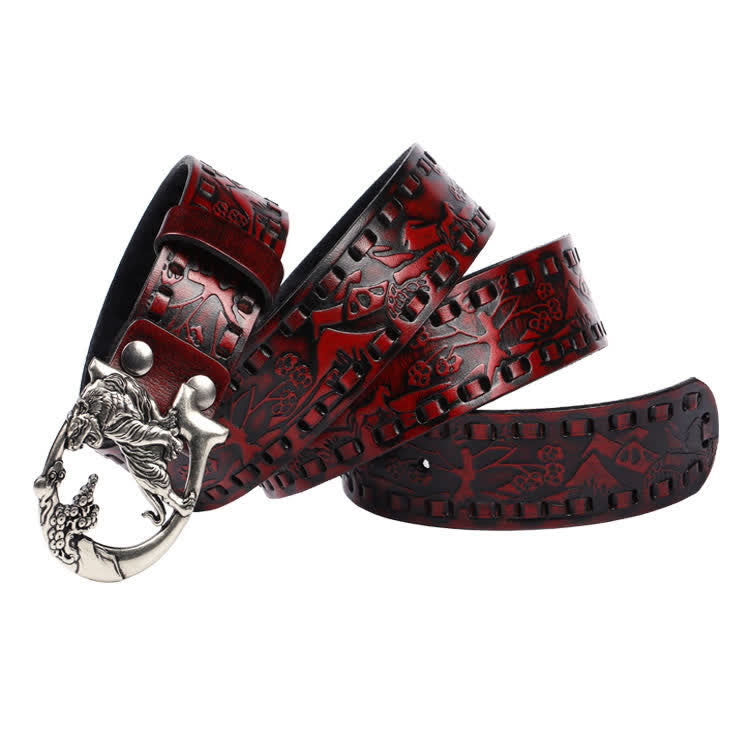 Cintura unisex in pelle con fibbia incisa con tigri retrò