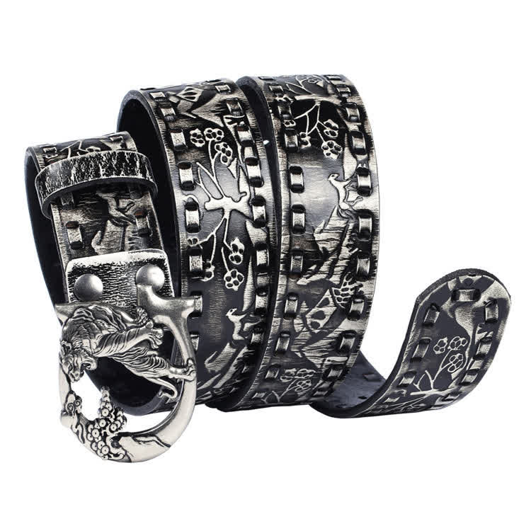 Cintura unisex in pelle con fibbia incisa con tigri retrò