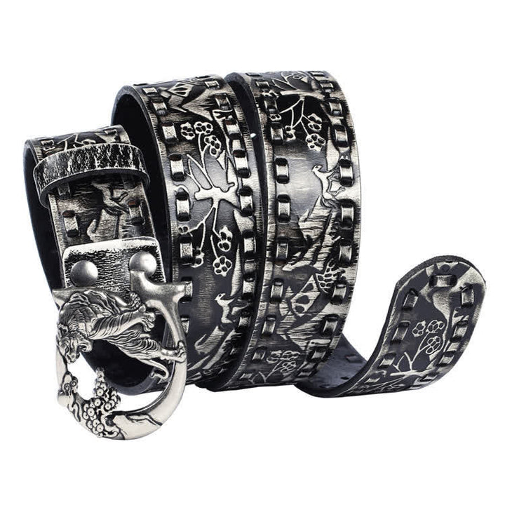 Cintura unisex in pelle con fibbia incisa con tigri retrò