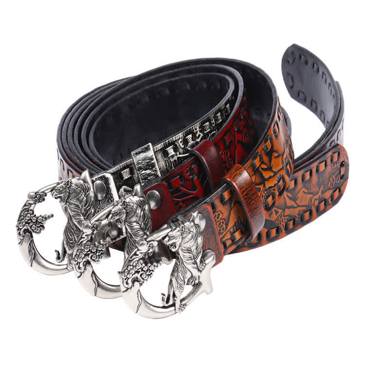 Cintura unisex in pelle con fibbia incisa con tigri retrò