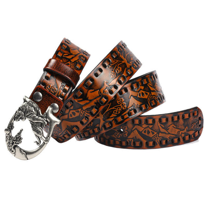 Cintura unisex in pelle con fibbia incisa con tigri retrò