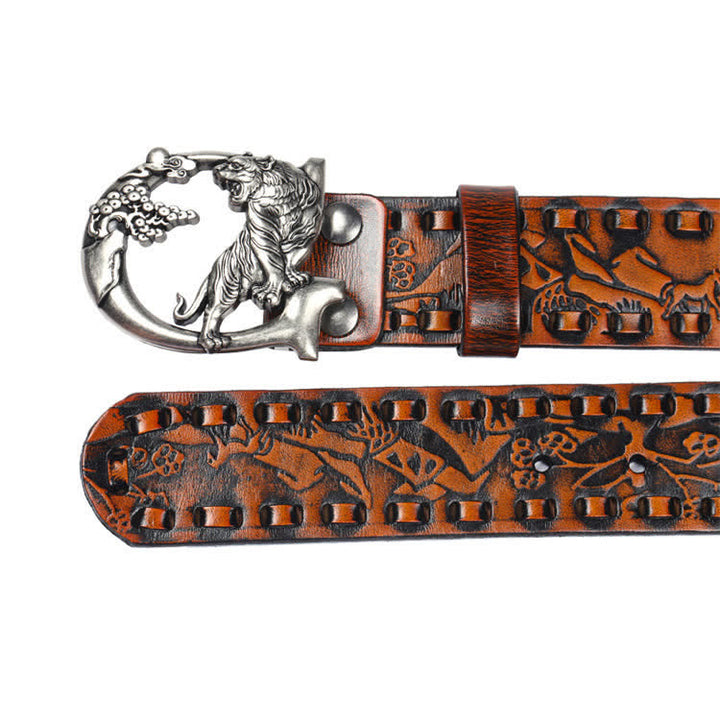 Cintura unisex in pelle con fibbia incisa con tigri retrò