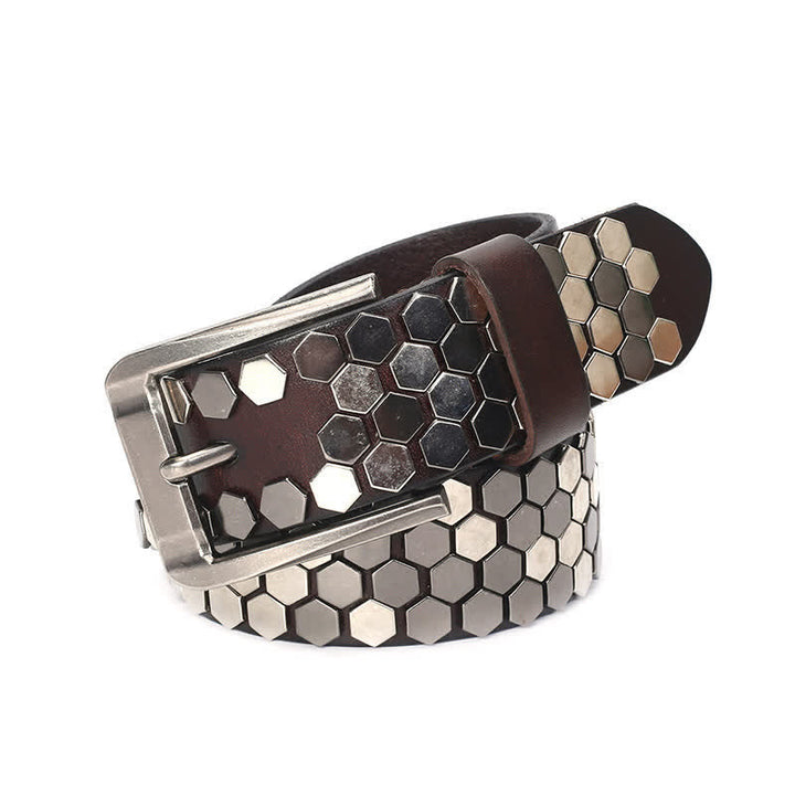 Cintura unisex in pelle con borchie esagonali - Marrone - 44 - image 14