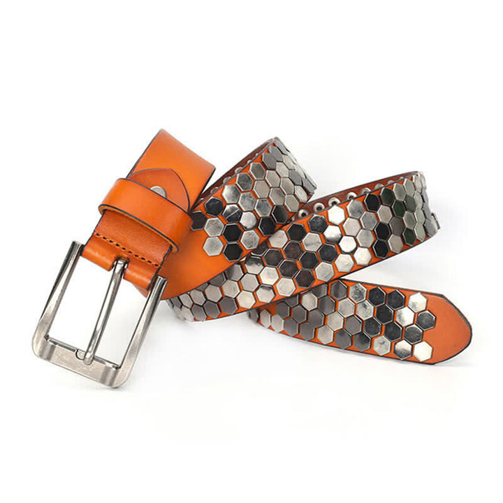Cintura unisex in pelle con borchie esagonali