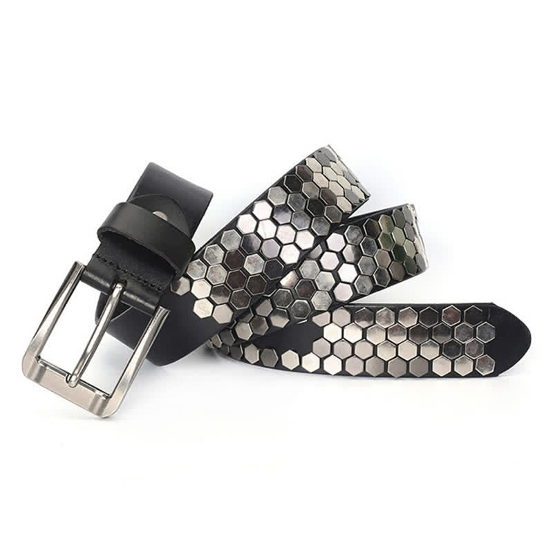 Cintura unisex in pelle con borchie esagonali