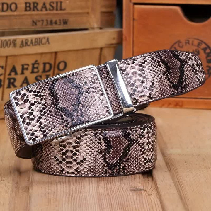 Cintura in pelle con fibbia automatica con motivo a pelle di serpente da uomo - Caffè - 44 - image 2