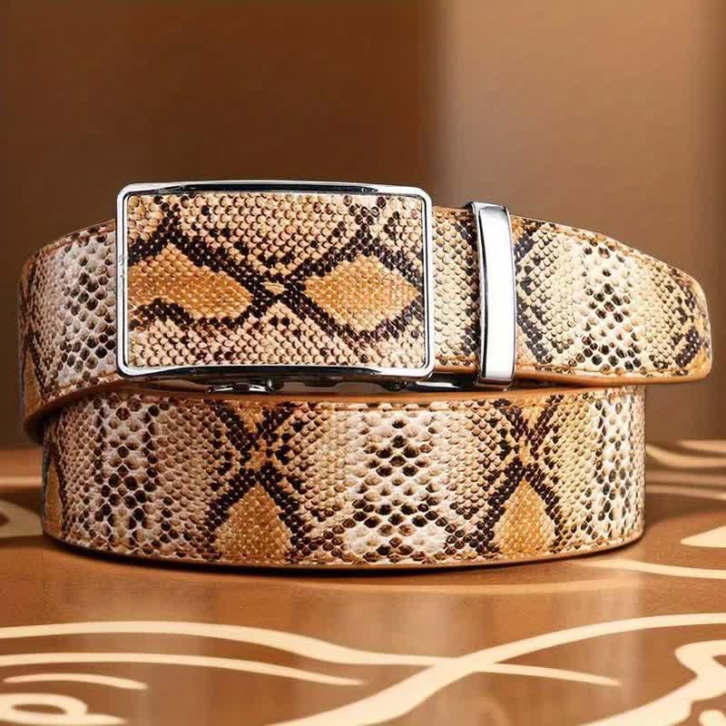 Cintura in pelle con fibbia automatica con motivo a pelle di serpente da uomo - Cammello - 44 - image 0