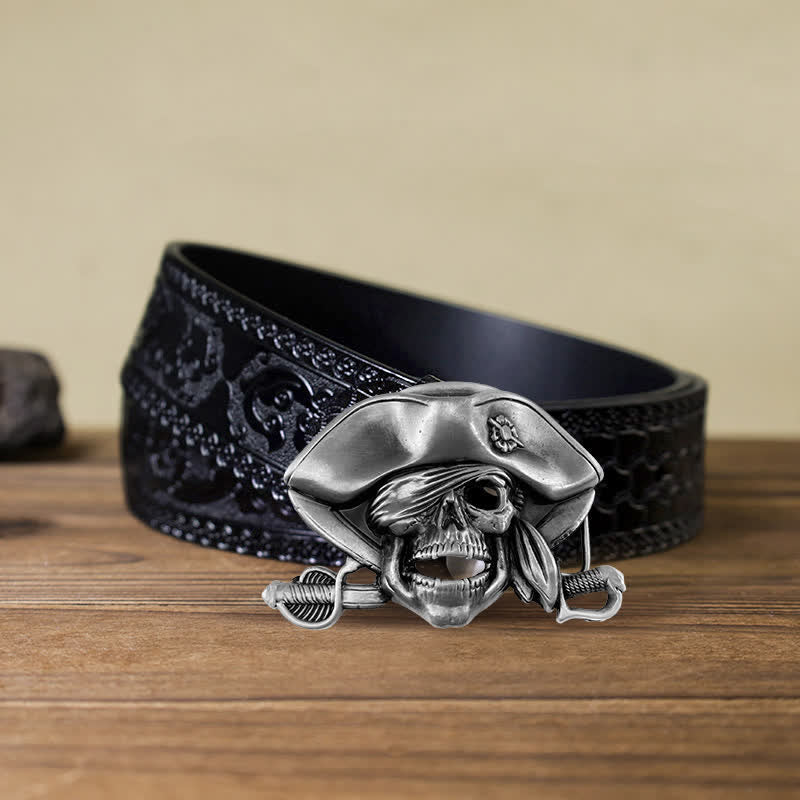 Cintura in pelle con fibbia pirata in stile punk fai da te da uomo - Pirata - Cintura nera intagliata (40) - image 5