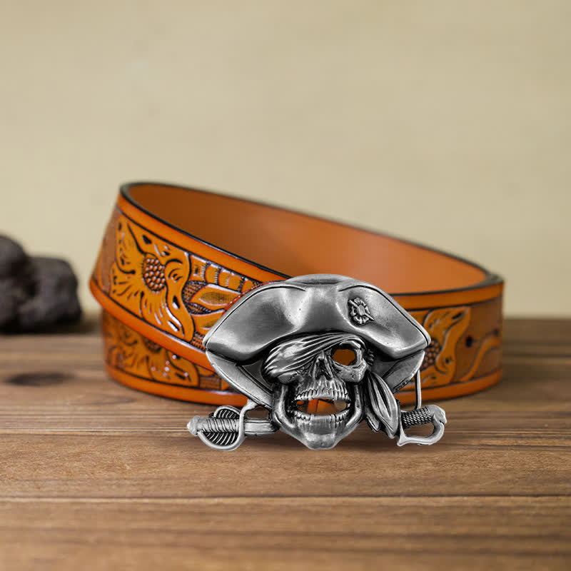 Cintura in pelle con fibbia pirata in stile punk fai da te da uomo - Pirata - Cintura intagliata arancione (40) - image 8