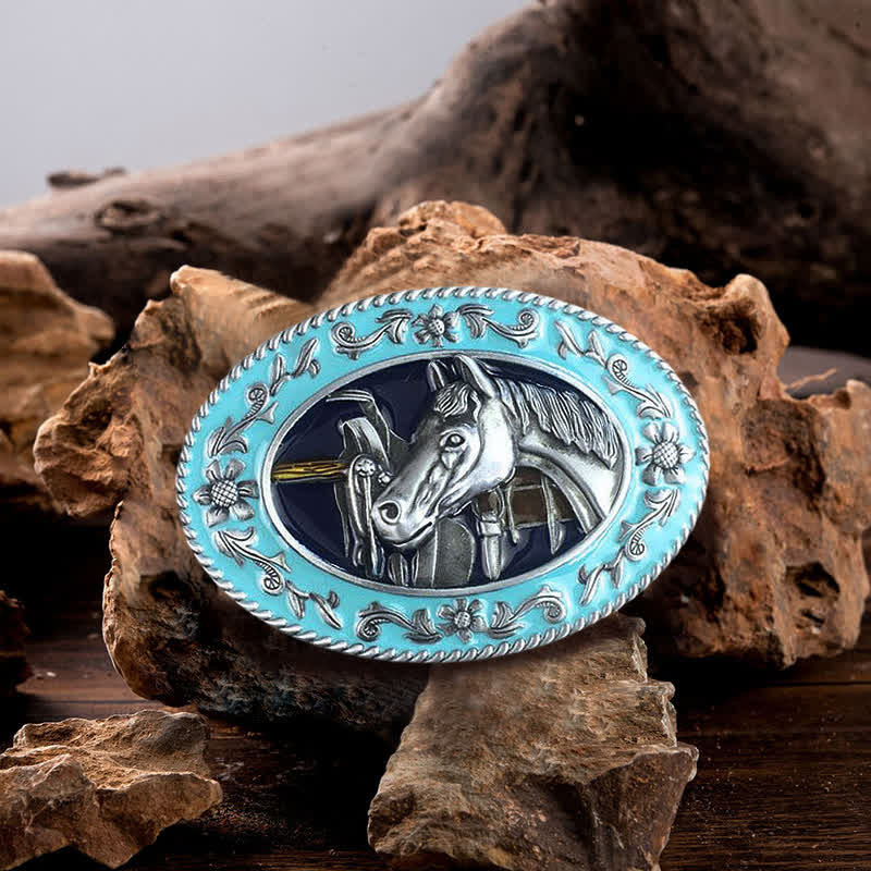 Cintura in pelle con fibbia smaltata a forma di testa di cavallo fai da te da uomo - Blu - Senza cintura - image 0