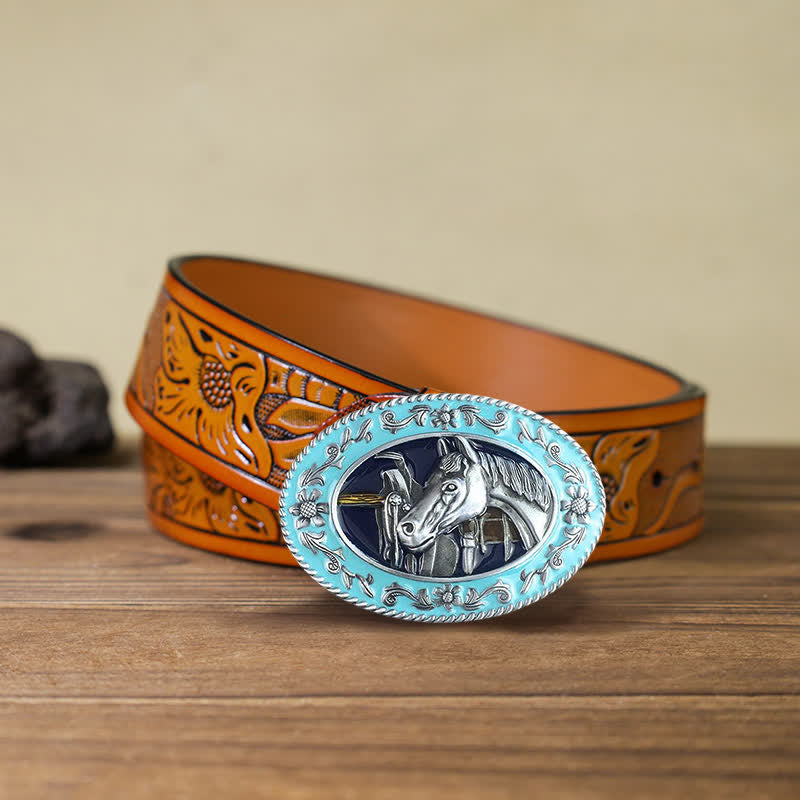 Cintura in pelle con fibbia smaltata a forma di testa di cavallo fai da te da uomo - Blu - Cintura intagliata arancione (40) - image 8