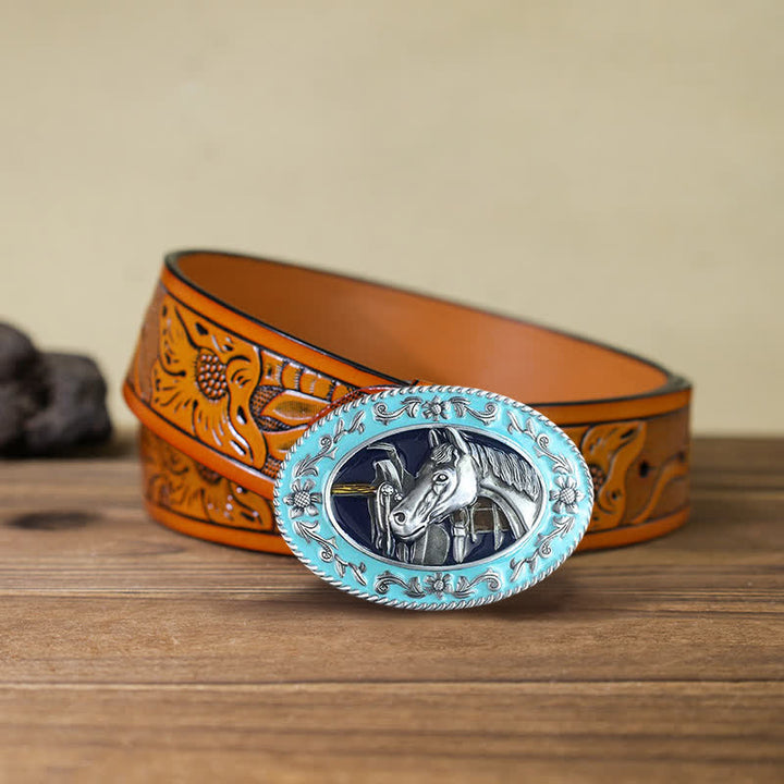 Cintura in pelle con fibbia smaltata a forma di testa di cavallo fai da te da uomo - Blu - Cintura intagliata arancione (40) - image 8