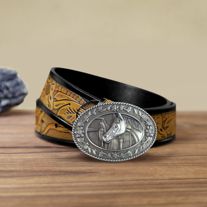 Cintura in pelle con fibbia smaltata a forma di testa di cavallo fai da te da uomo - Bianco - Cintura marrone sabbia (40) - image 16