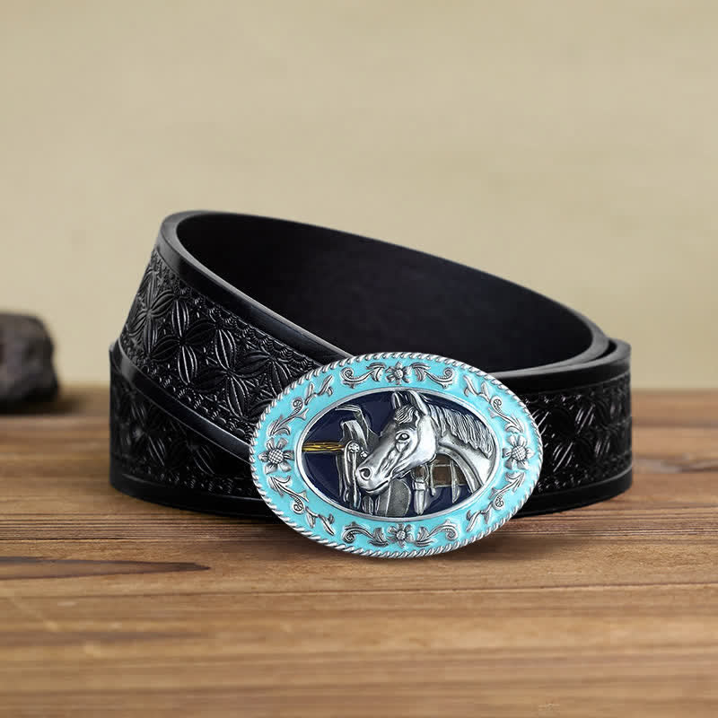 Cintura in pelle con fibbia smaltata a forma di testa di cavallo fai da te da uomo - Blu - Cintura in tessuto goffrato nero (38) - image 4