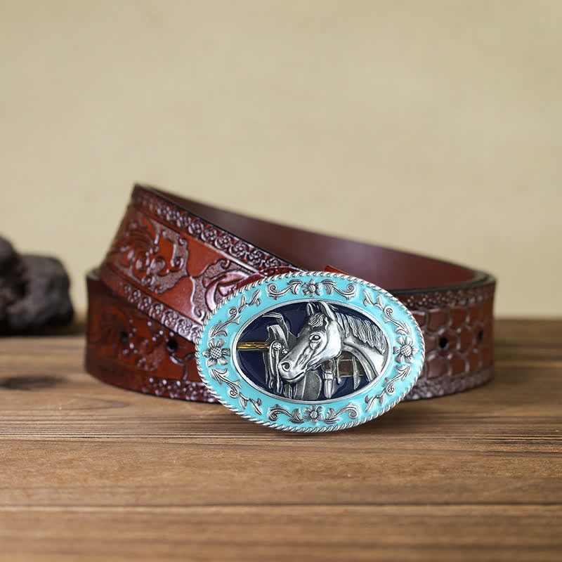 Cintura in pelle con fibbia smaltata a forma di testa di cavallo fai da te da uomo - Blu - Cintura marrone intagliata (40) - image 6