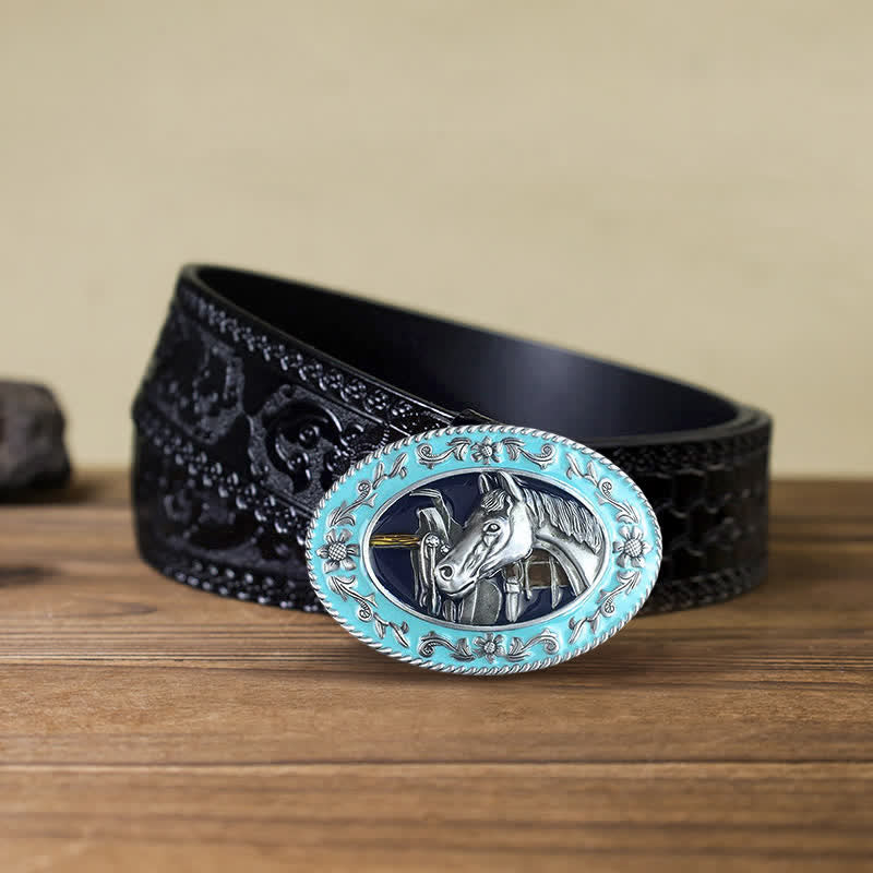 Cintura in pelle con fibbia smaltata a forma di testa di cavallo fai da te da uomo - Blu - Cintura nera intagliata (40) - image 5