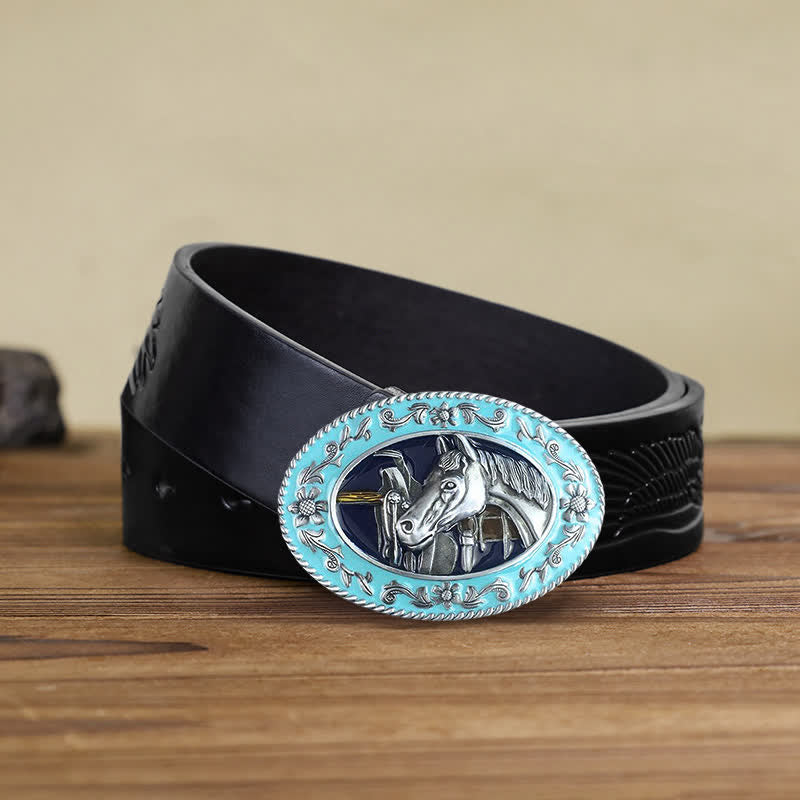 Cintura in pelle con fibbia smaltata a forma di testa di cavallo fai da te da uomo