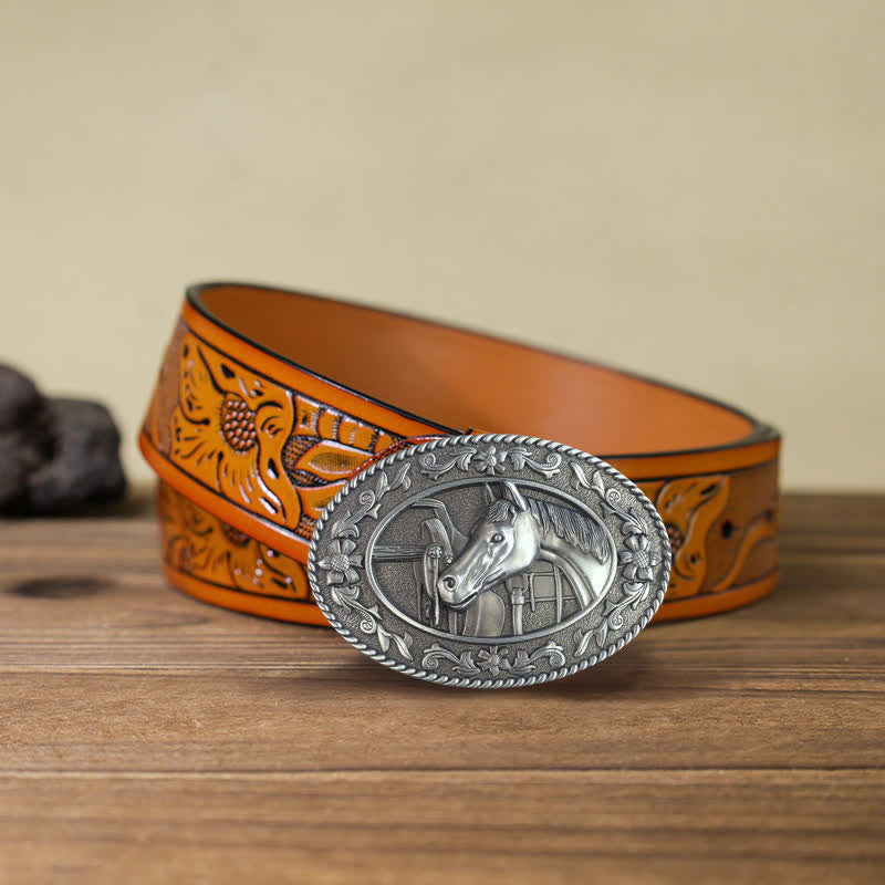 Cintura in pelle con fibbia smaltata a forma di testa di cavallo fai da te da uomo - Bianco - Cintura intagliata arancione (40) - image 17