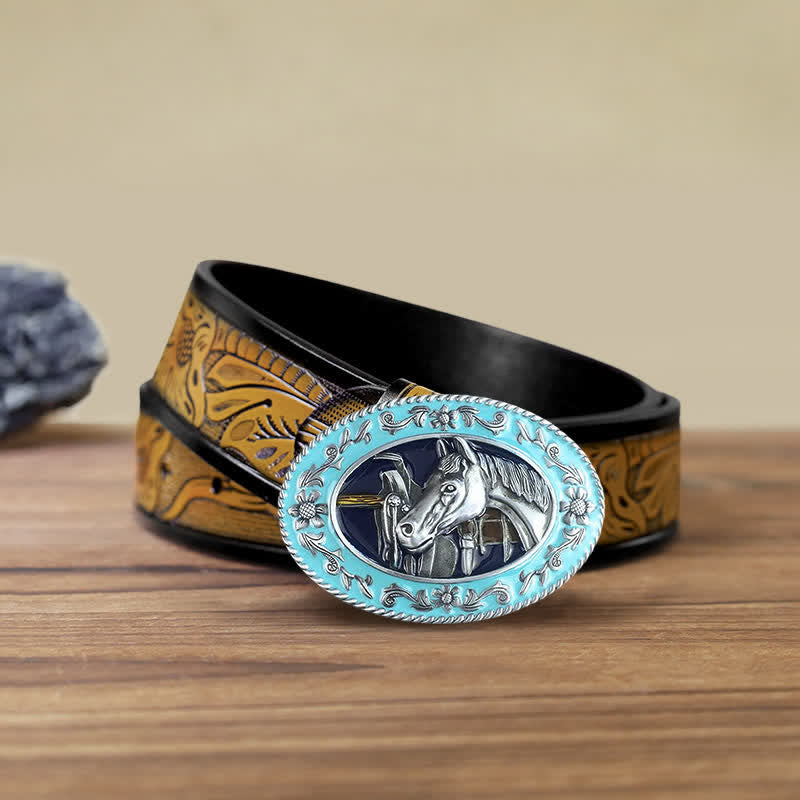 Cintura in pelle con fibbia smaltata a forma di testa di cavallo fai da te da uomo - Blu - Cintura marrone sabbia (40) - image 7