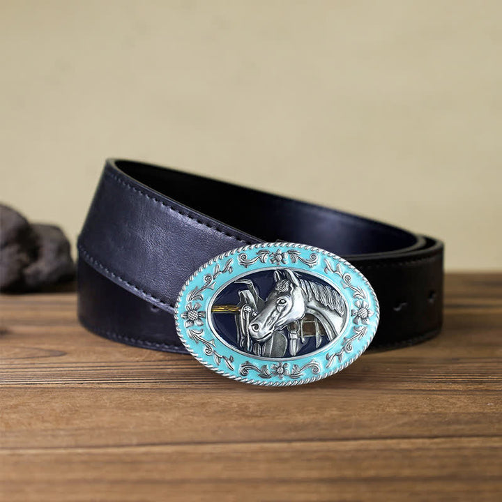 Cintura in pelle con fibbia smaltata a forma di testa di cavallo fai da te da uomo - Blu - Cintura PU nera (40) - image 2