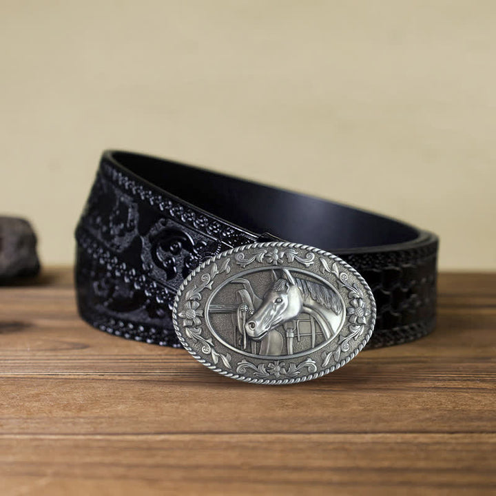 Cintura in pelle con fibbia smaltata a forma di testa di cavallo fai da te da uomo - Bianco - Cintura nera intagliata (40) - image 14