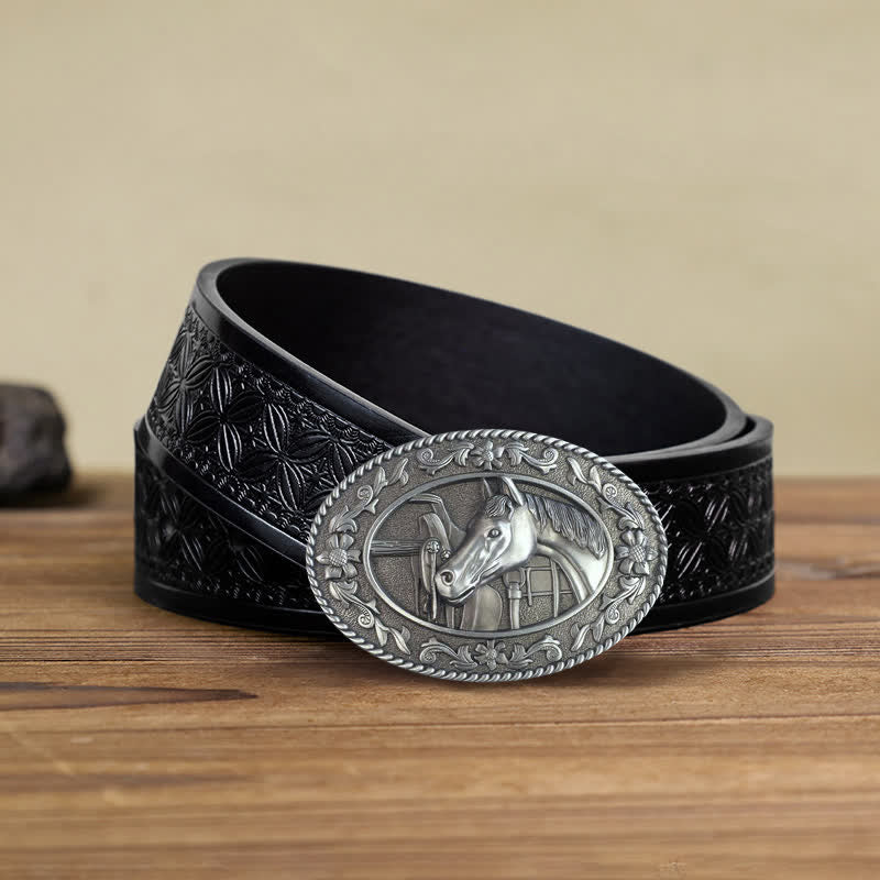 Cintura in pelle con fibbia smaltata a forma di testa di cavallo fai da te da uomo - Bianco - Cintura in tessuto goffrato nero (38) - image 13