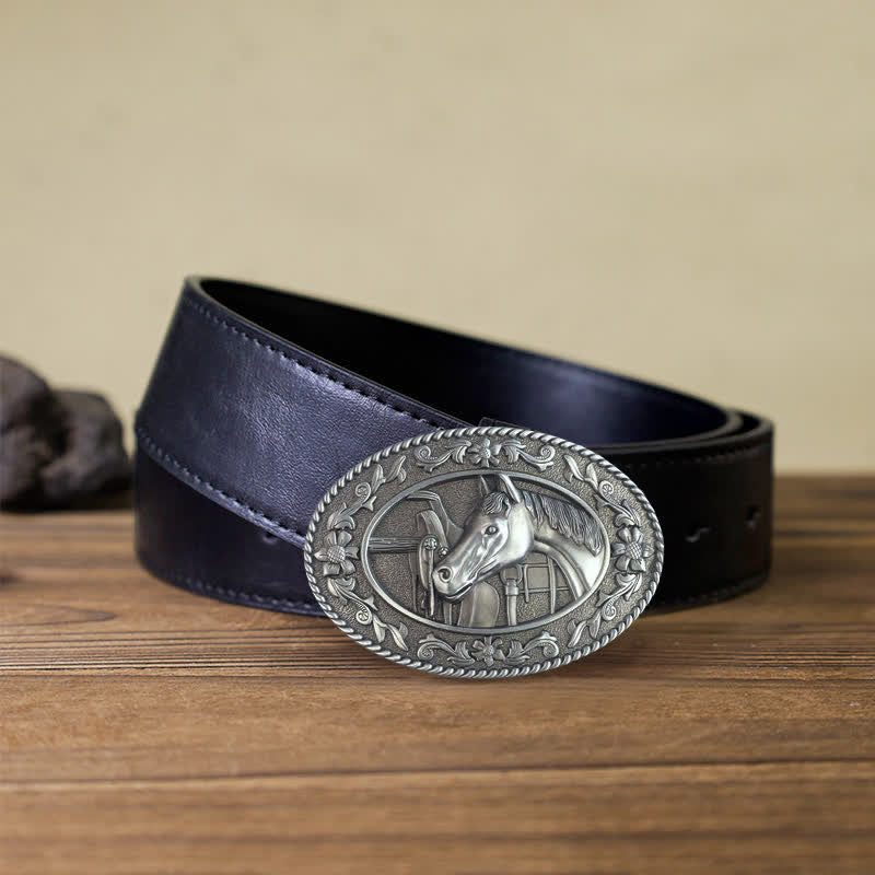 Cintura in pelle con fibbia smaltata a forma di testa di cavallo fai da te da uomo
