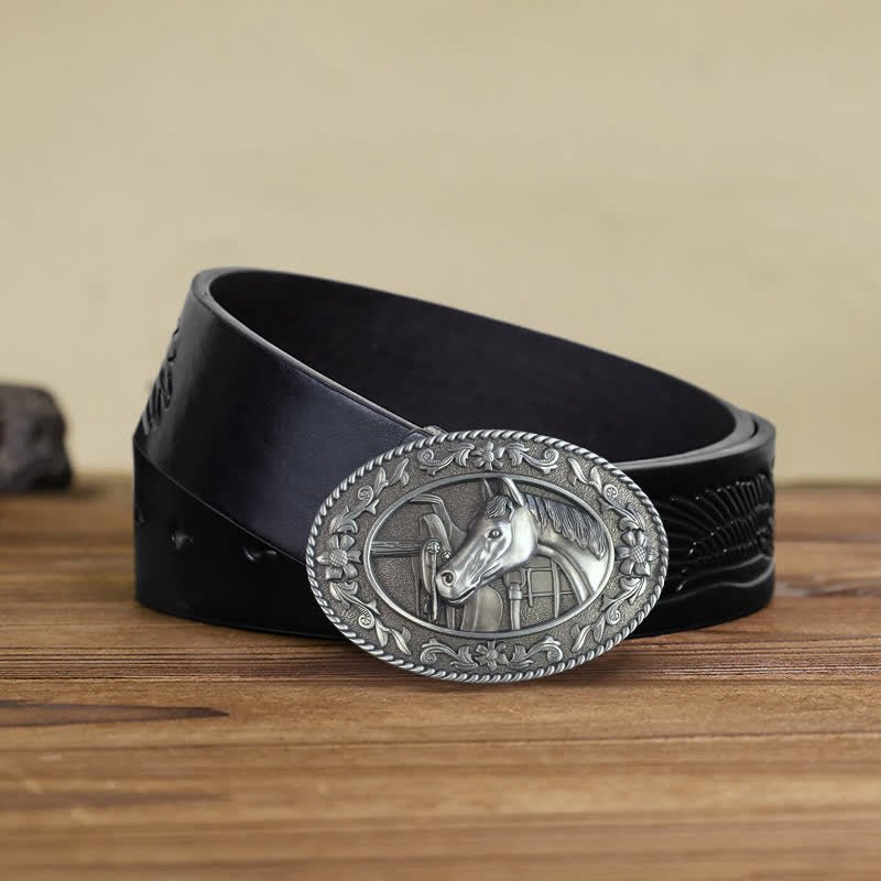 Cintura in pelle con fibbia smaltata a forma di testa di cavallo fai da te da uomo - Bianco - Cintura aquila nera in rilievo (38) - image 12
