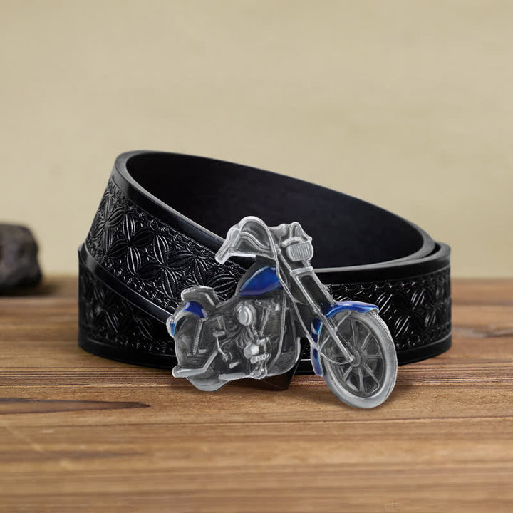 Cintura in pelle con fibbia da motocicletta fai da te da uomo - Blu - Cintura in tessuto goffrato nero (38) - image 13